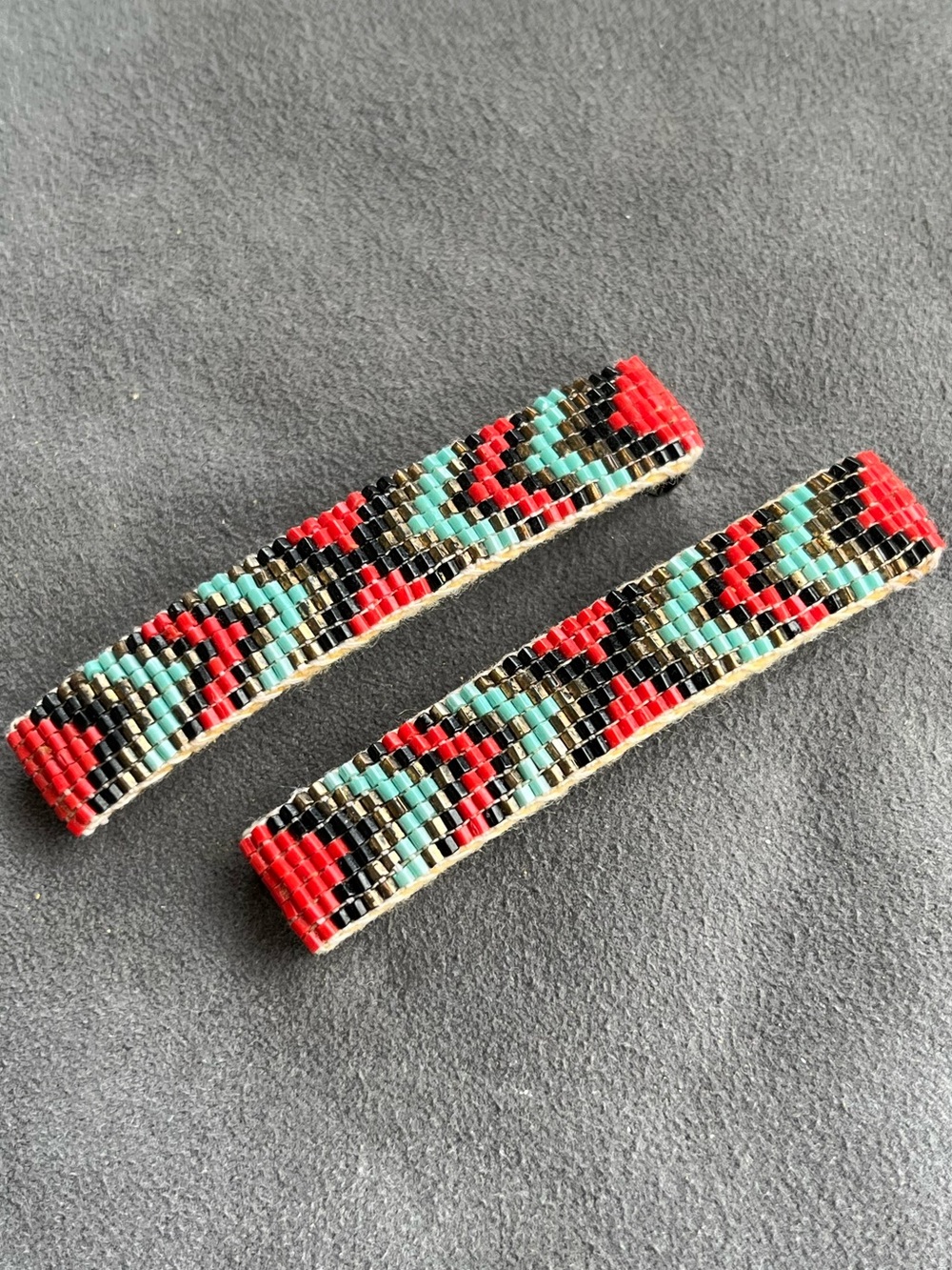 Vintage Beaded *Barrette Pair* in Red, Turquoise & Black - Picture 2 of 10
